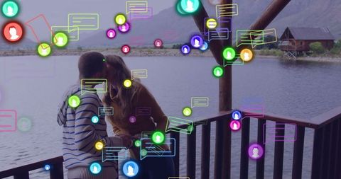 Kissing Couple on Lakeside Deck with Social Media Overlay