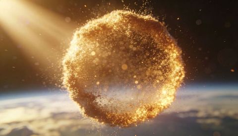 Hovering golden particle orb glowing above earth limb with sunray beams, halo and sparkles
