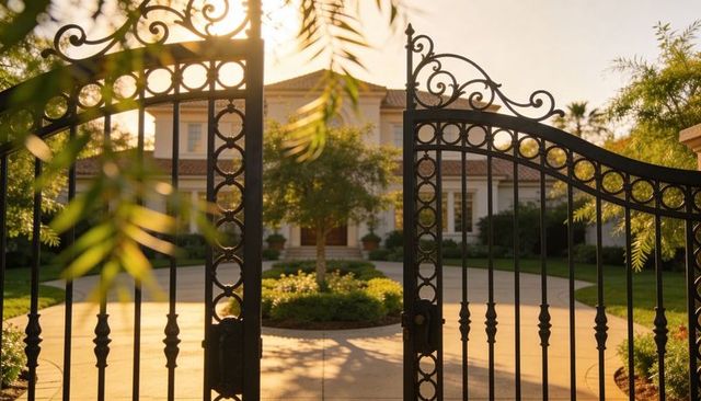 Sunlit Ornate Wrought-Iron Driveway Gate Framing Circular Driveway and Luxury Estate