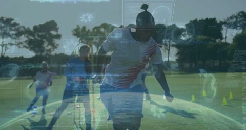 Female Soccer Player Dribbling with Augmented Reality Data overlay