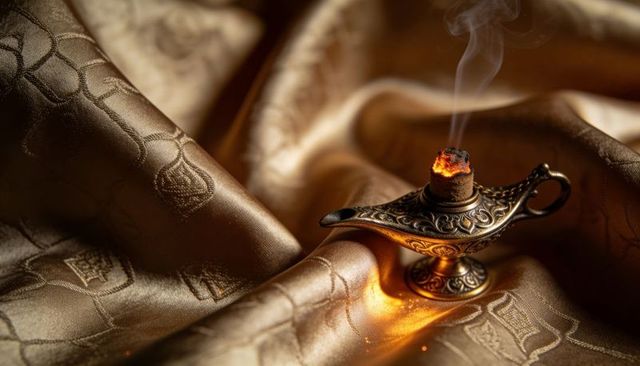 Glowing ornate brass oil lamp resting on golden brocade silk with thin smoke