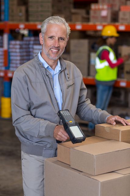 Portrait of warehouse manager scanning the boxes in warehouse