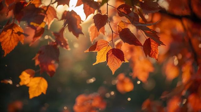 Sunlit orange-red autumn leaves with golden bokeh, warm backlight and soft depth