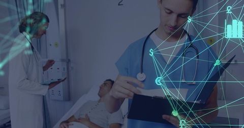 Clinical team reviewing patient chart with digital health data network visualization