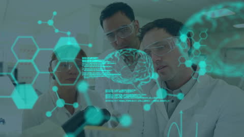 Scientists Analyzing Data with Holographic Interface in Laboratory