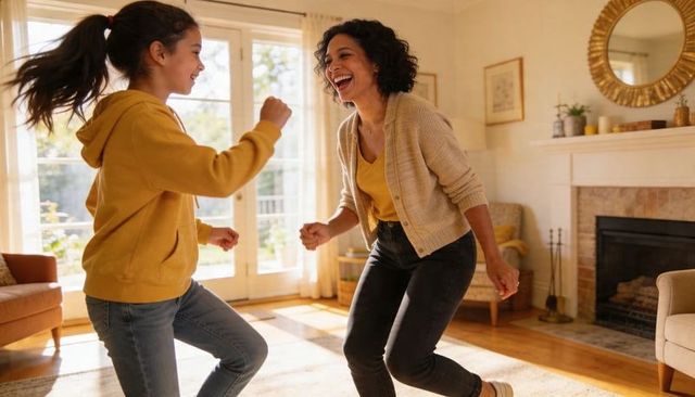 Mother and daughter dancing and laughing in sunlit cozy living room