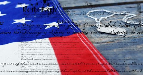 United States Constitution Overlay with Flag and Military Tags