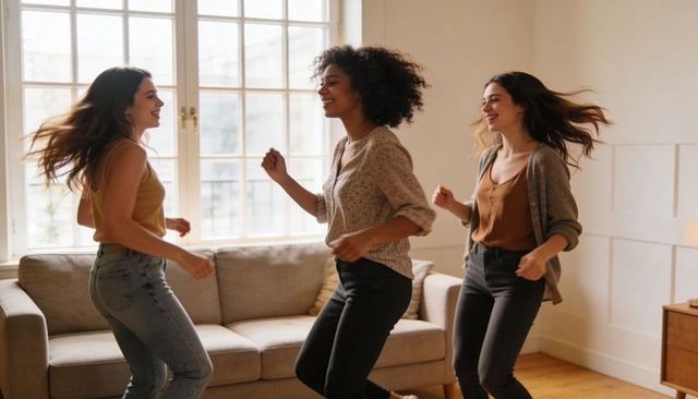 Friends dancing in sunlit living room, joyful young women celebrating together