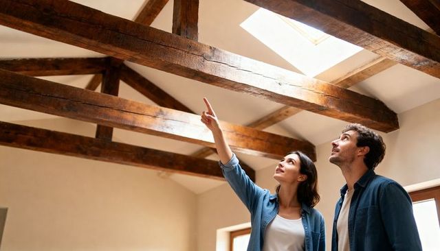 Couple inspecting loft with exposed wooden beams and skylight