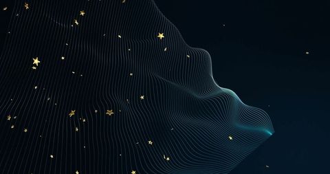 Cosmic flow: golden stars and curved grid lines on dark background