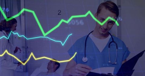 Doctor Analyzing Patient Records with Chart Overlay in Hospital