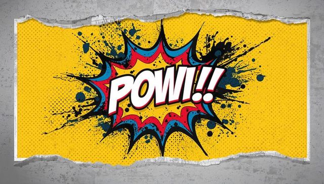 Pow!! comic explosion torn poster on concrete wall pop art halftone burst mural retro