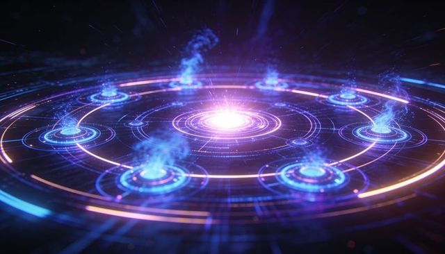 Neon holographic interface pulsing with central energy core, rings and orbital nodes