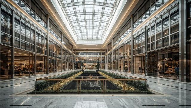 Upscale mall atrium bathing under glass skylight with marble concourse and gold railings