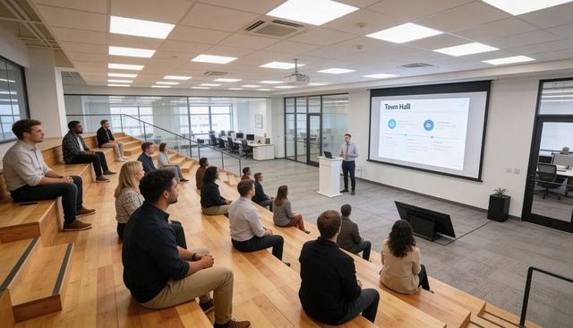 Modern office town hall presentation with tiered wood seating, presenter and projector