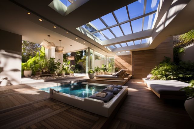 Luxurious Indoor Pool with Sunlit Glass Ceiling and Tropical Decor - Download Free Stock Photos Pikwizard.com