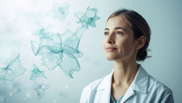 Clinician Gazing at Futuristic Medical Hologram Mesh While Wearing Lab Coat and Teal Scrubs
