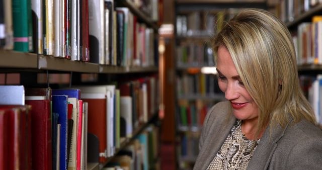 Blonde woman reading book in the library - Download Free Stock Images Pikwizard.com