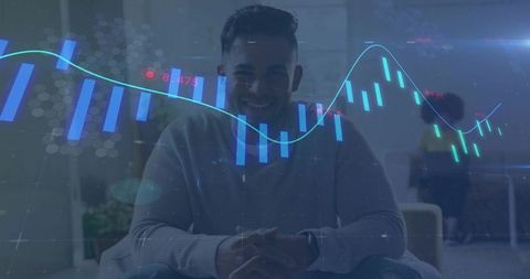 Smiling man clasping hands with smartwatch, overlaid trading charts and data analytics