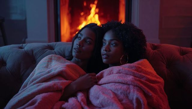 Two Women Cuddling by the Fire in Cozy Living Room