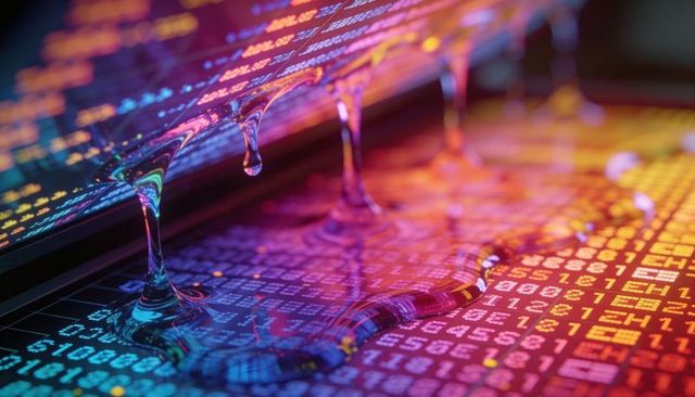 Neon liquid pouring over digital code panels distorting data into holographic ripples