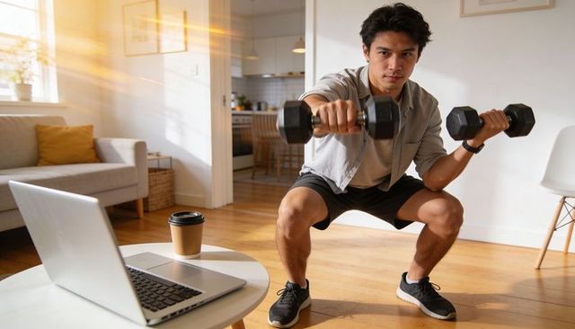Young man doing dumbbell squat in sunlit apartment living room during online workout