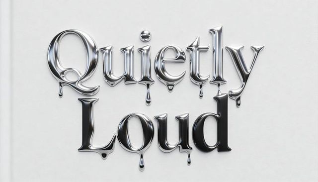 Chrome liquid typography quietly loud with reflective metallic drips and embossed serif