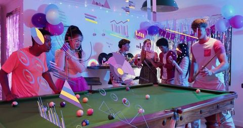 Young adults playing pool at neon party with holographic data overlays and celebration
