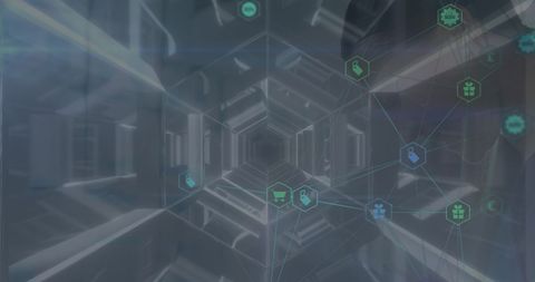 Futuristic digital interface with media icons and business connection