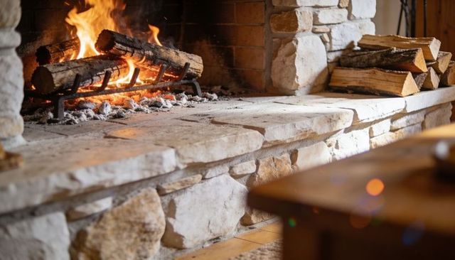 Stone fireplace casting warm light over rustic hearth with glowing embers and logs