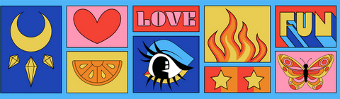 Colorful pop art collage on transparent background with vibrant icons