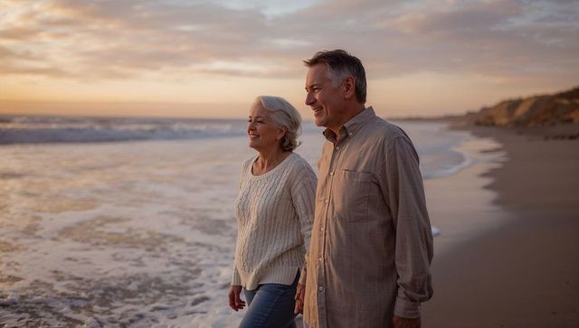 Walking senior couple enjoying golden hour sunset on beach shore with coastal horizon