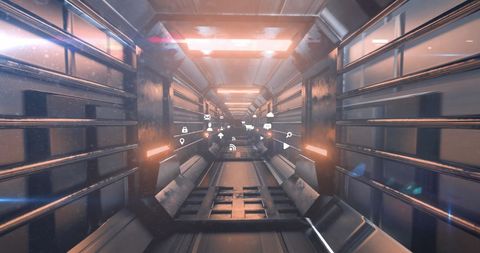 Futuristic Digital Interface with Glowing Tunnel and Virtual Icons