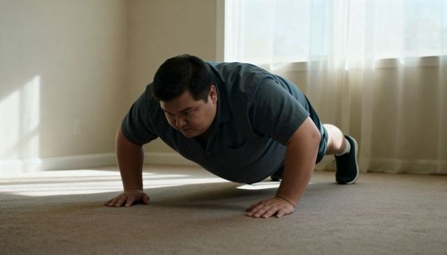 Asian man doing push-ups on carpet at home building core strength and focus