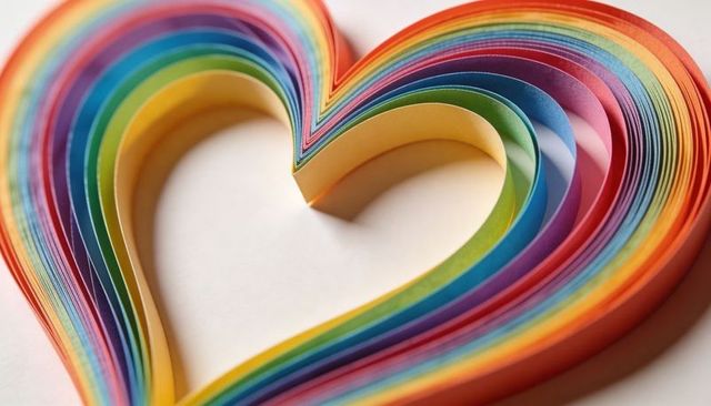 Layered rainbow paper strips forming heart shape, quilling craft colorful minimal design