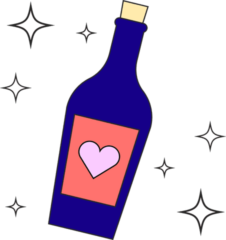 Transparent blue bottle with pink heart and stars illustrations