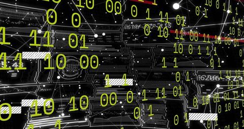 Floating neon binary digits overlaying dark circuit board visualizing data flow network