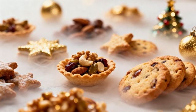 Festive nut and cranberry tartlet showcasing chocolate chip cookies and golden ornaments