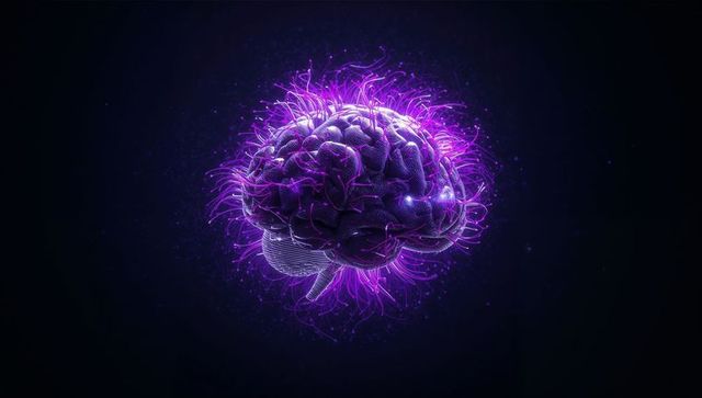 Neon brain pulsating with glowing filaments and synapse nodes for ai and technology