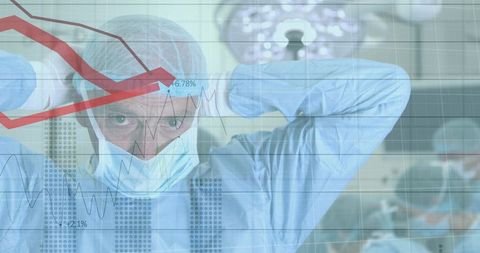 Surgeon preparing in surgery room with financial data overlay