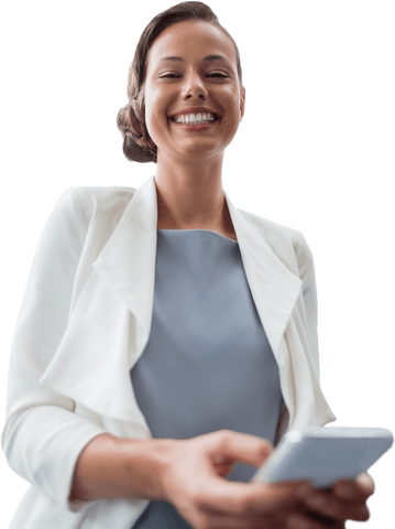 Transparent Background: Smiling Businesswoman with Smartphone in Hand