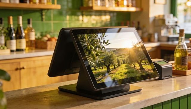 Dual touchscreen pos showcasing olive grove digital signage on cafe checkout counter