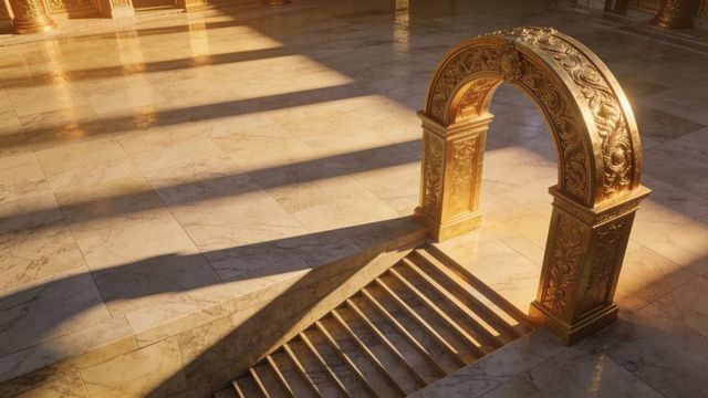 Gilded arch and marble staircase basking in warm sunlight with dramatic long shadows