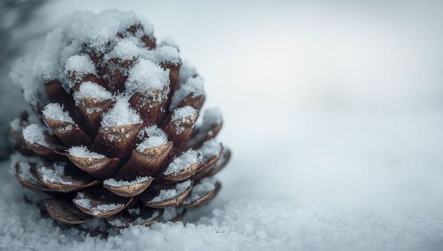Resting brown pine cone collecting fresh snow crystals on snowy ground with soft bokeh