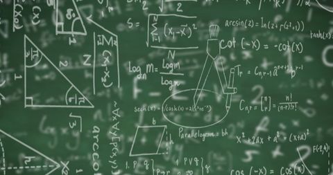 Mathematical symbols and equations on chalkboard illustration