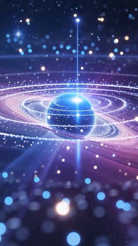 Rotating blue sphere with glowing rings and vertical energy beam in cosmic neon void