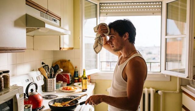 Wiping brow while cooking on coil stove in sunlit apartment kitchen, stirring frying pan