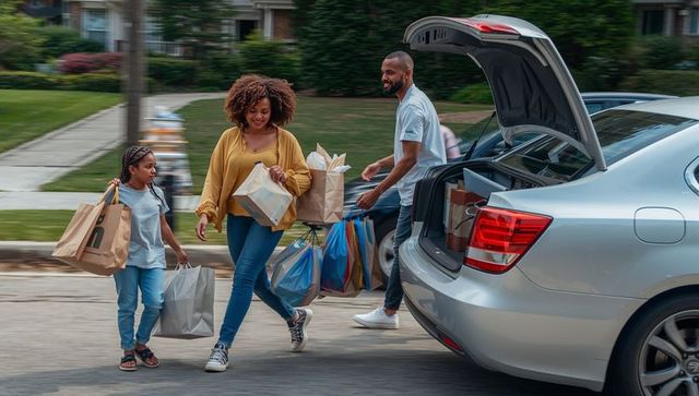 Family carrying shopping bags to open trunk of silver sedan in suburban neighborhood