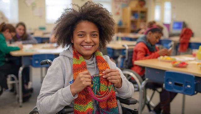 Smiling student in wheelchair knitting colorful scarf in inclusive classroom arts program