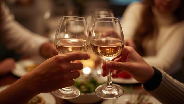 Clinking white wine glasses over candlelit dinner table celebrating cozy gatherings